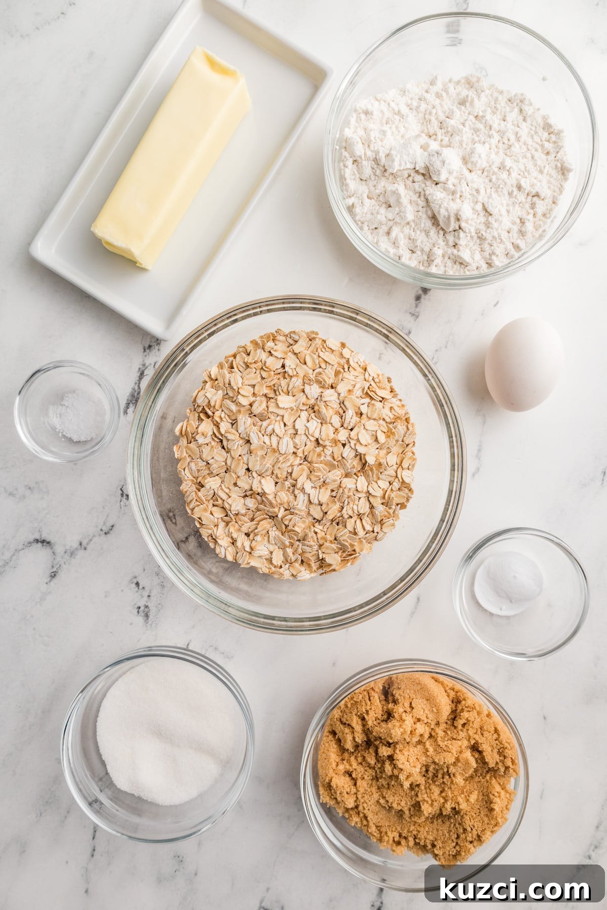 butter, gluten-free flour, oats, egg, salt, sugar, brown sugar, and baking soda. 