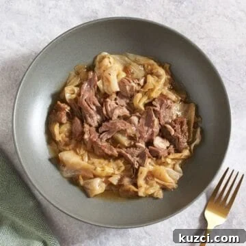A bowl of apple cider braised pork shoulder with cabbage, a gold fork is on the right.