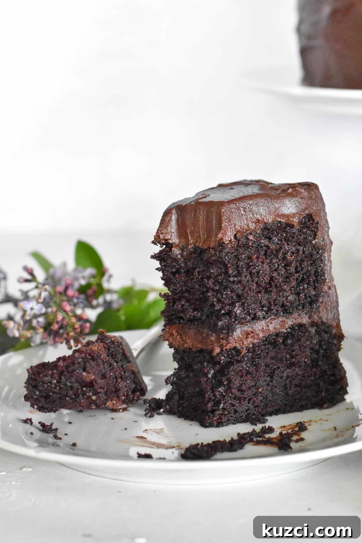 slice of chocolate cake on white plate with bite out of it.