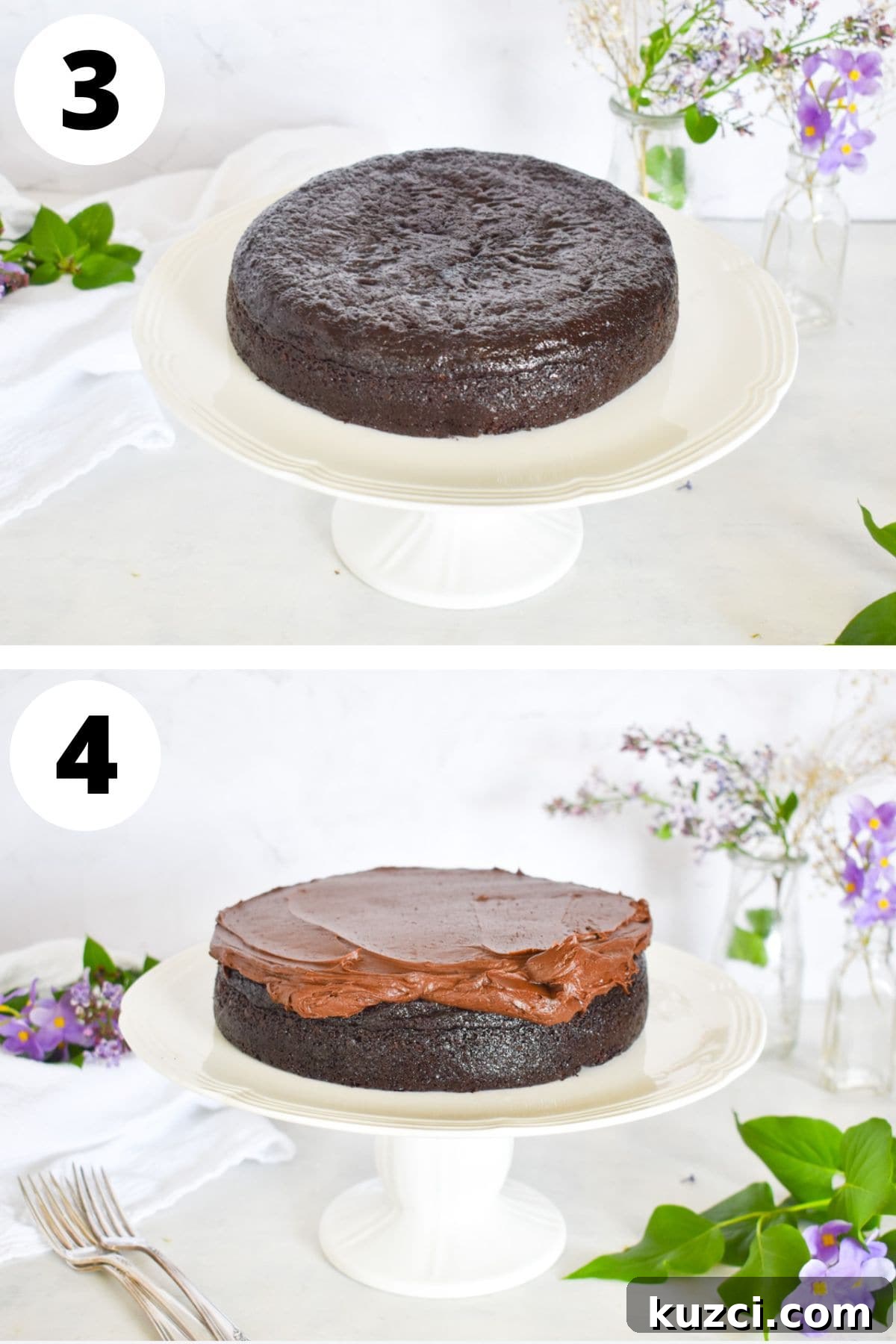 chocolate cake on white cake stand with frosting being spread over the first layer.