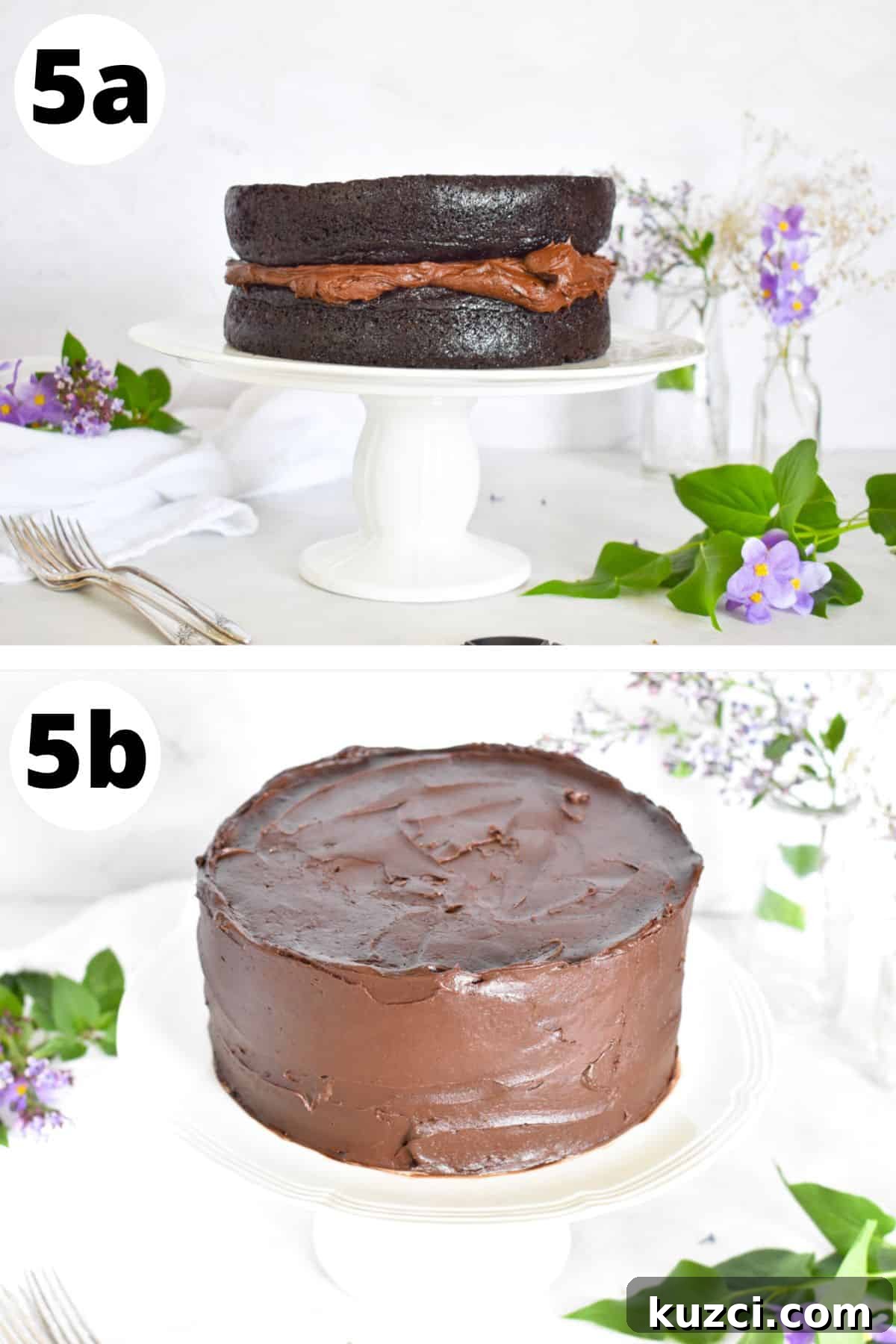 second cake layer placed on top and frosted around the sides.