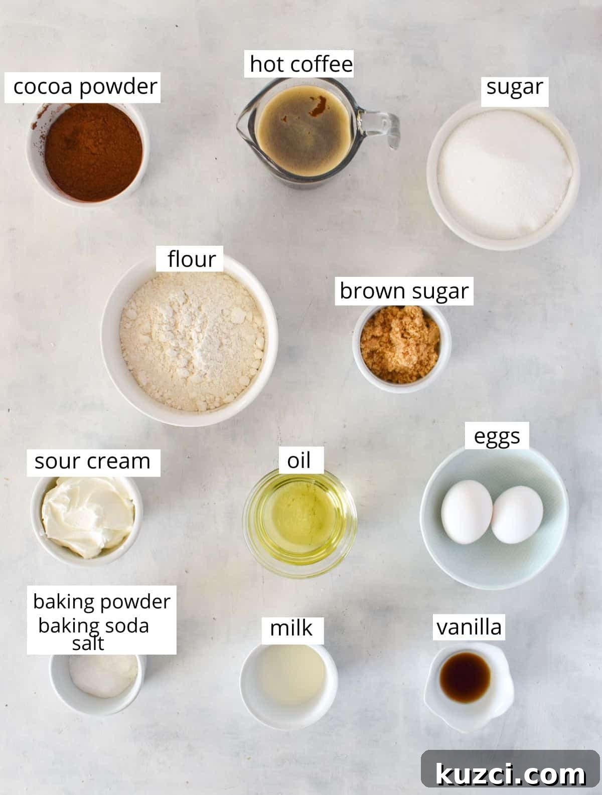 chocolate cake ingredients laid out.