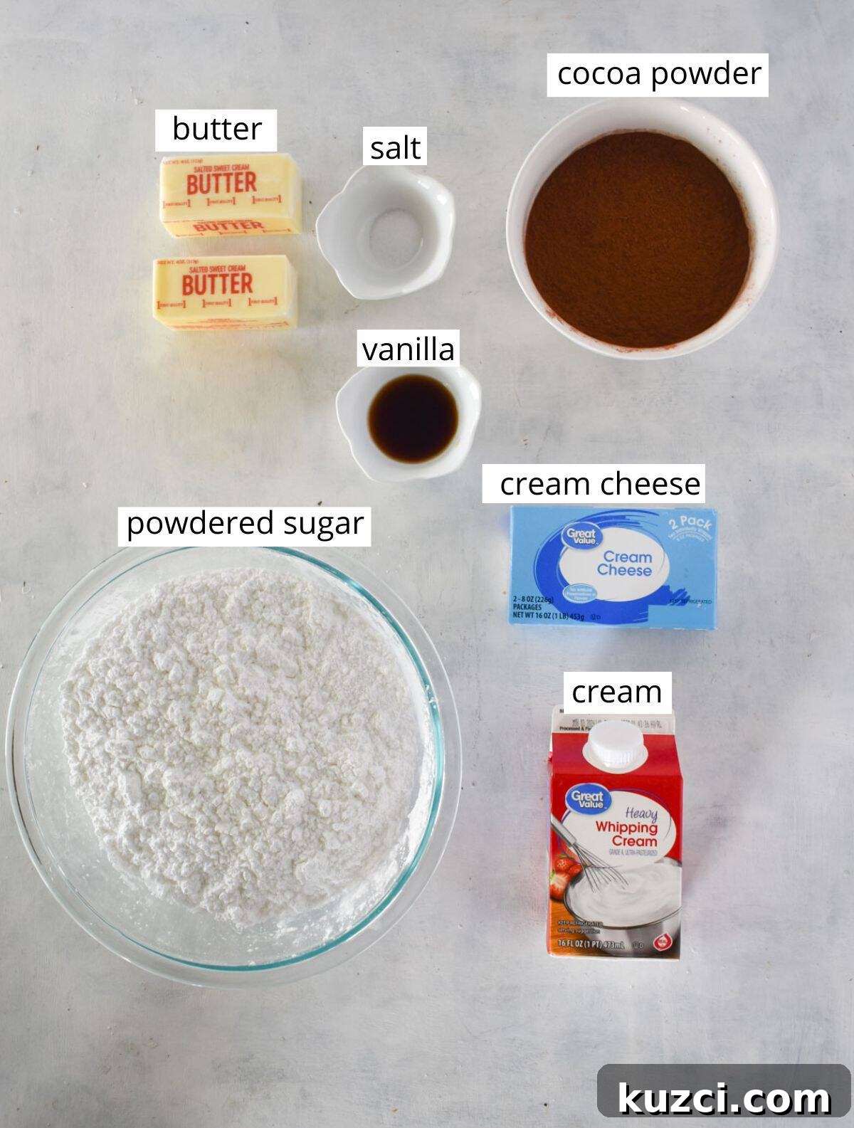 chocolate cream cheese frosting ingredients laid out and labeled.