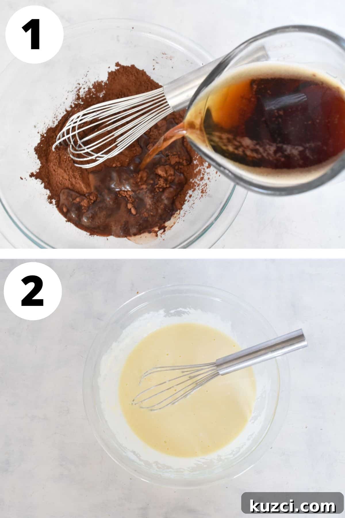 cocoa powder being mixed with hot liquid.