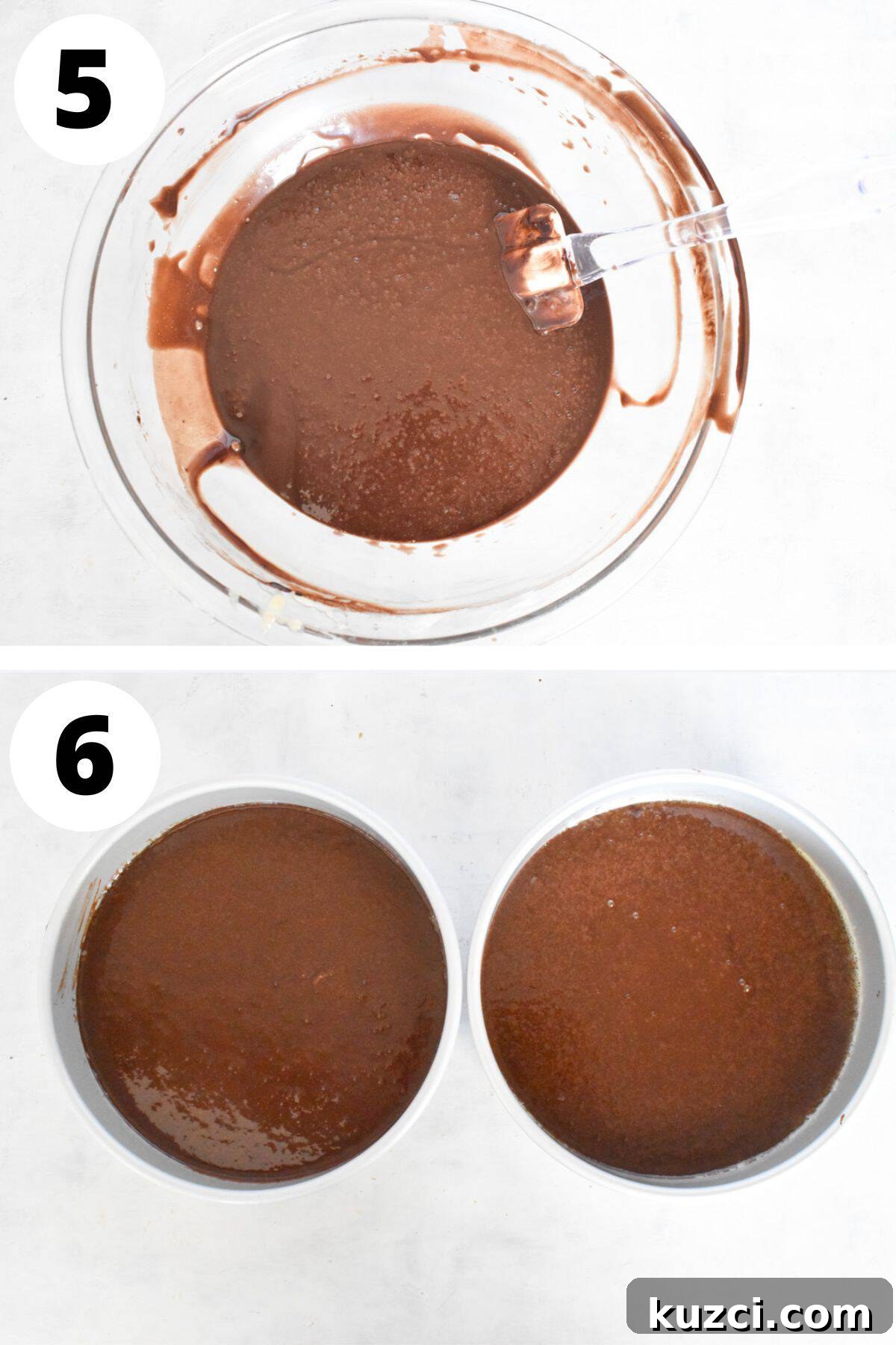 chocolate cake batter divided into two cake pans.