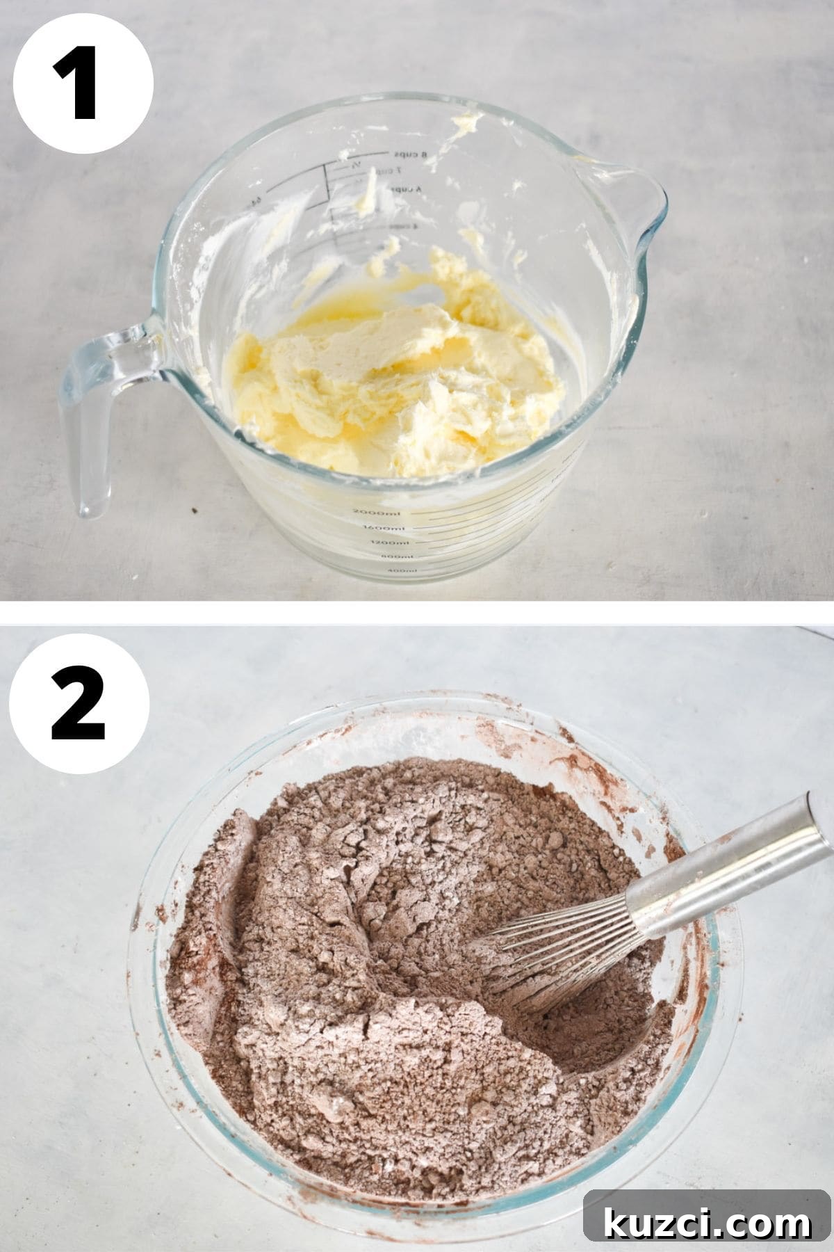 butter and cream cheese mixed in one bowl and dry ingredients mixed in a separate bowl.