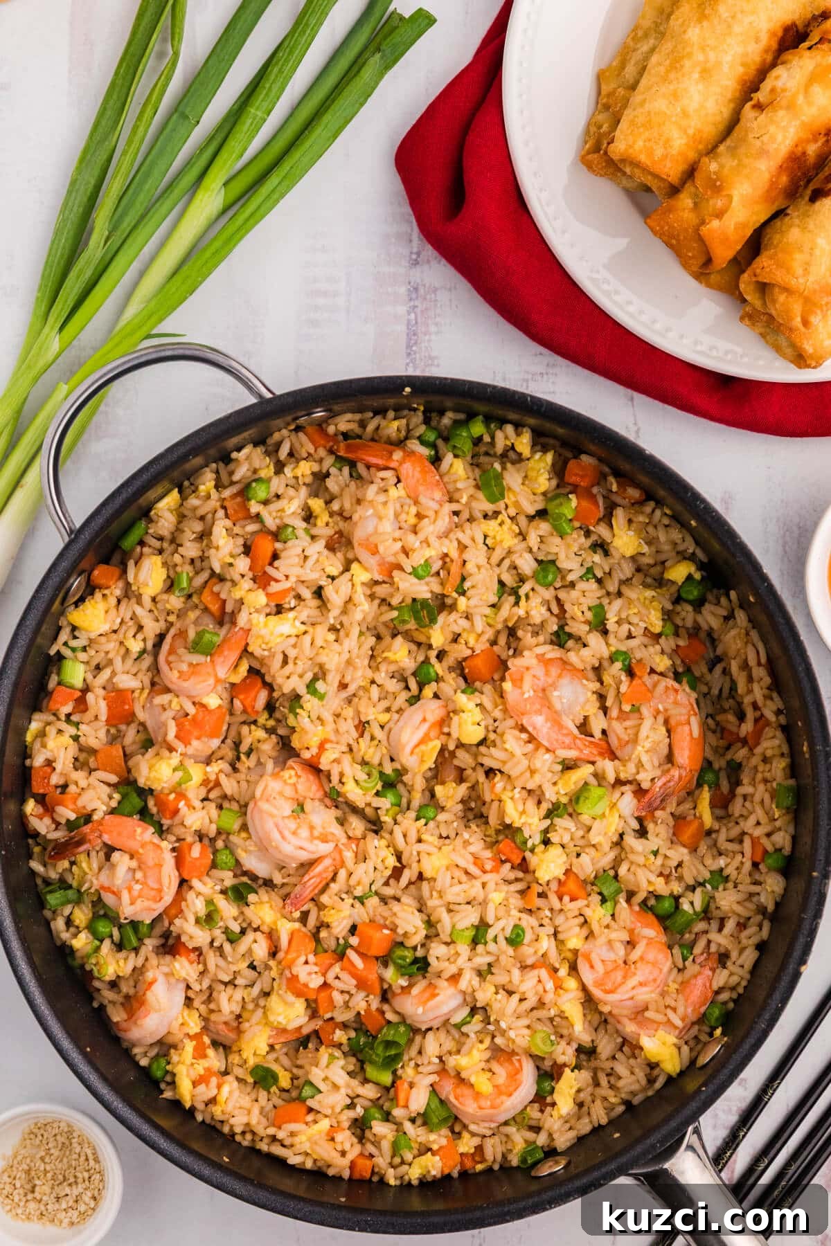 Garlic Shrimp Fried Rice Recipe with Egg and Vegetables 2 A pan of shrimp fried rice.