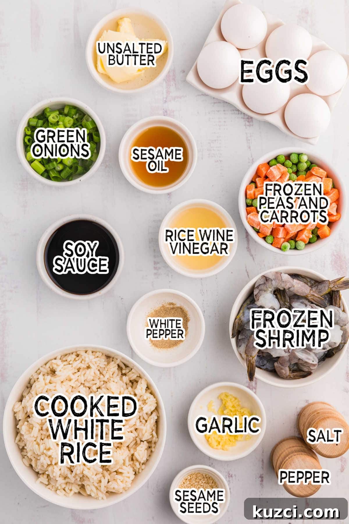Garlic Shrimp Fried Rice Recipe with Egg and Vegetables 3 Ingredients on a white background.