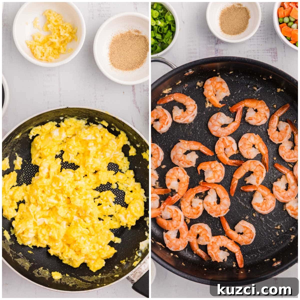 Garlic Shrimp Fried Rice Recipe with Egg and Vegetables 4 Collage of cooking the eggs and shrimp in a skillet.