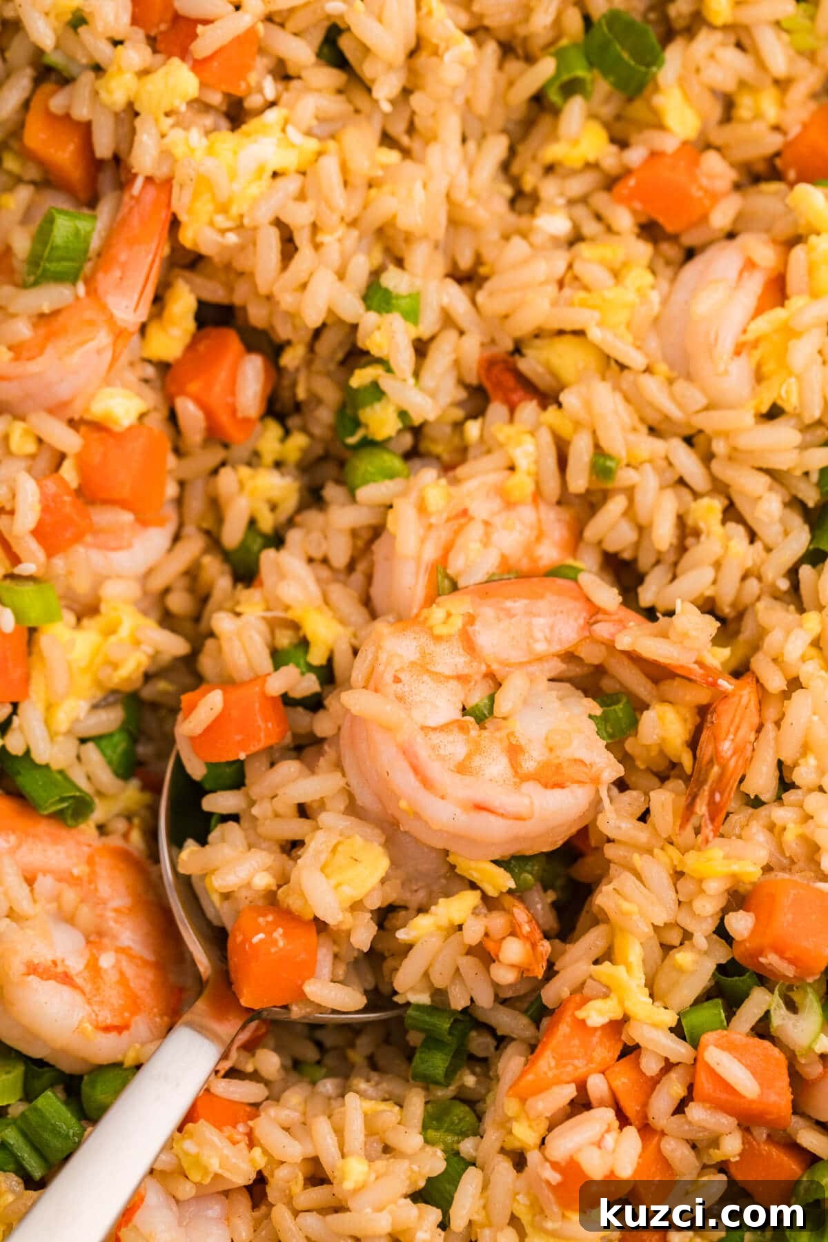 Garlic Shrimp Fried Rice Recipe with Egg and Vegetables 5 The recipe with a serving spoon.