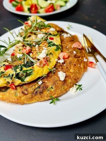 Feta and spinach omelette on a white plate herbs sprinkled.