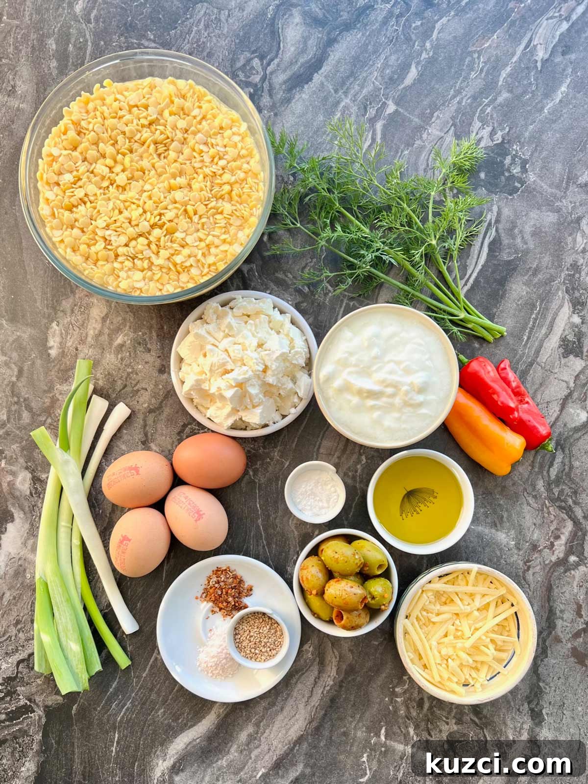 Flourless Lentil Bread Recipe 3 Lentil bread ingredients: Soaked red split lentil, cheese, dill, red peppers, olive oil, Olives, salt, long pepper, scallions/spring onion, eggs, red chilli flakes yogurt and soda bicarbonate.