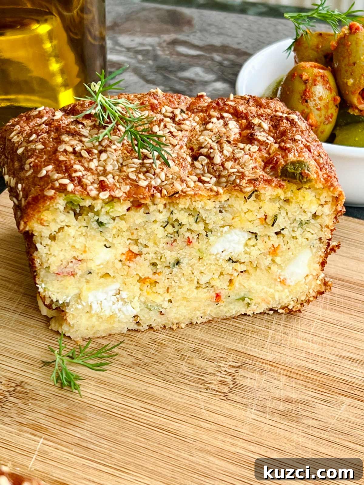 Flourless Lentil Bread Recipe 8 lentil bread close up on a wooden chopping board topped with fresh dill