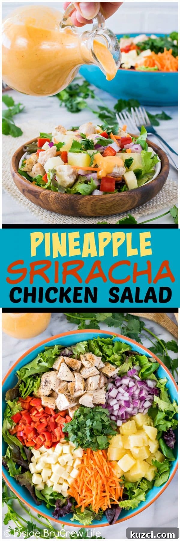Pineapple Sriracha Chicken Salad - the homemade sweet and spicy dressing makes this veggie salad a keeper! Perfect recipe for hot summer months! Pineapple Sriracha Chicken Salad - the homemade sweet and spicy dressing makes this veggie salad a keeper! Perfect recipe for hot summer months!