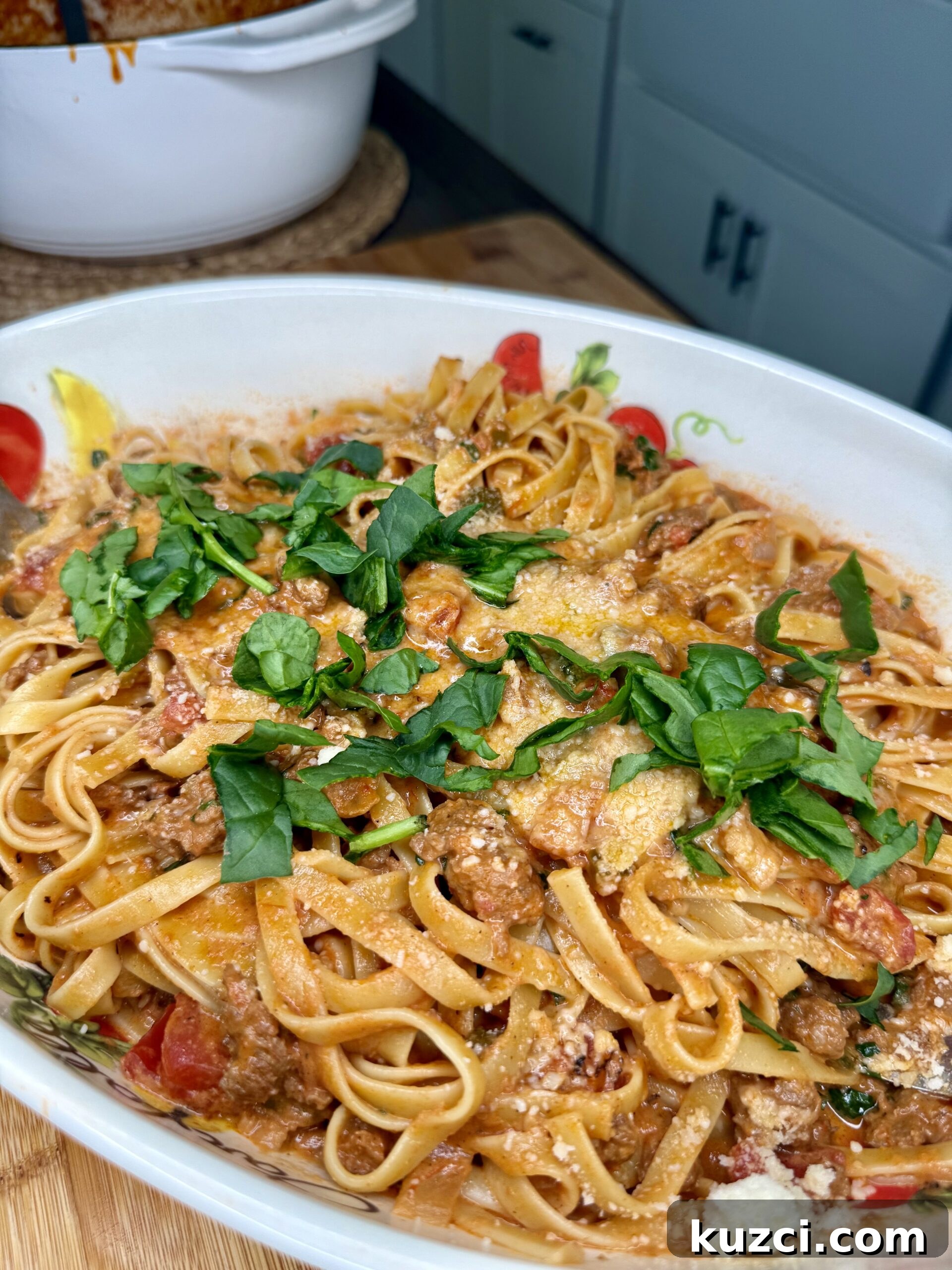 Creamy Sausage and Peppers Fettuccine 35 Creamy sausage pasta with tomatoes