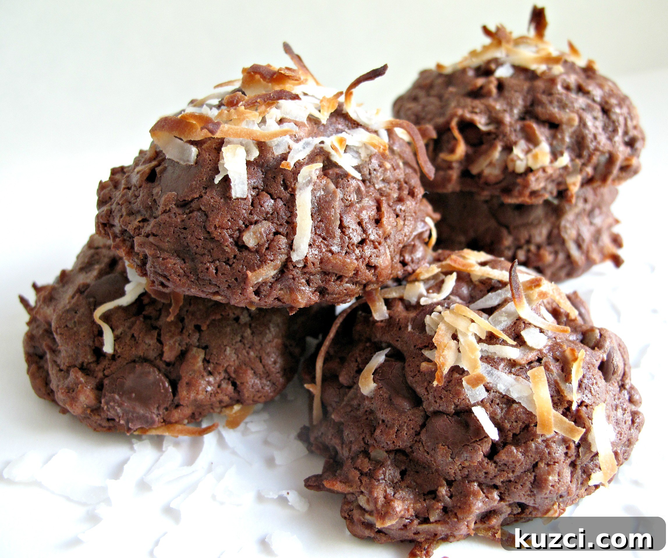 Chocolate Coconut Bliss Cookies - chewy fudgy chocolate cookie with coconut inside and out. Chocolate Coconut Bliss Cookies topped with browned coconut.