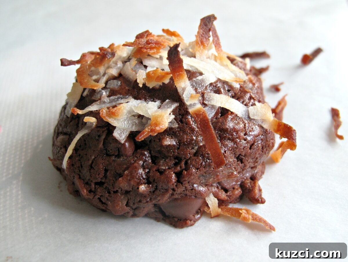 Chocolate Coconut Bliss Cookies - chewy fudgy chocolate cookie with coconut inside and out. Closeup of a ball shaped chocolate coconut cookie topped with shredded coconut.
