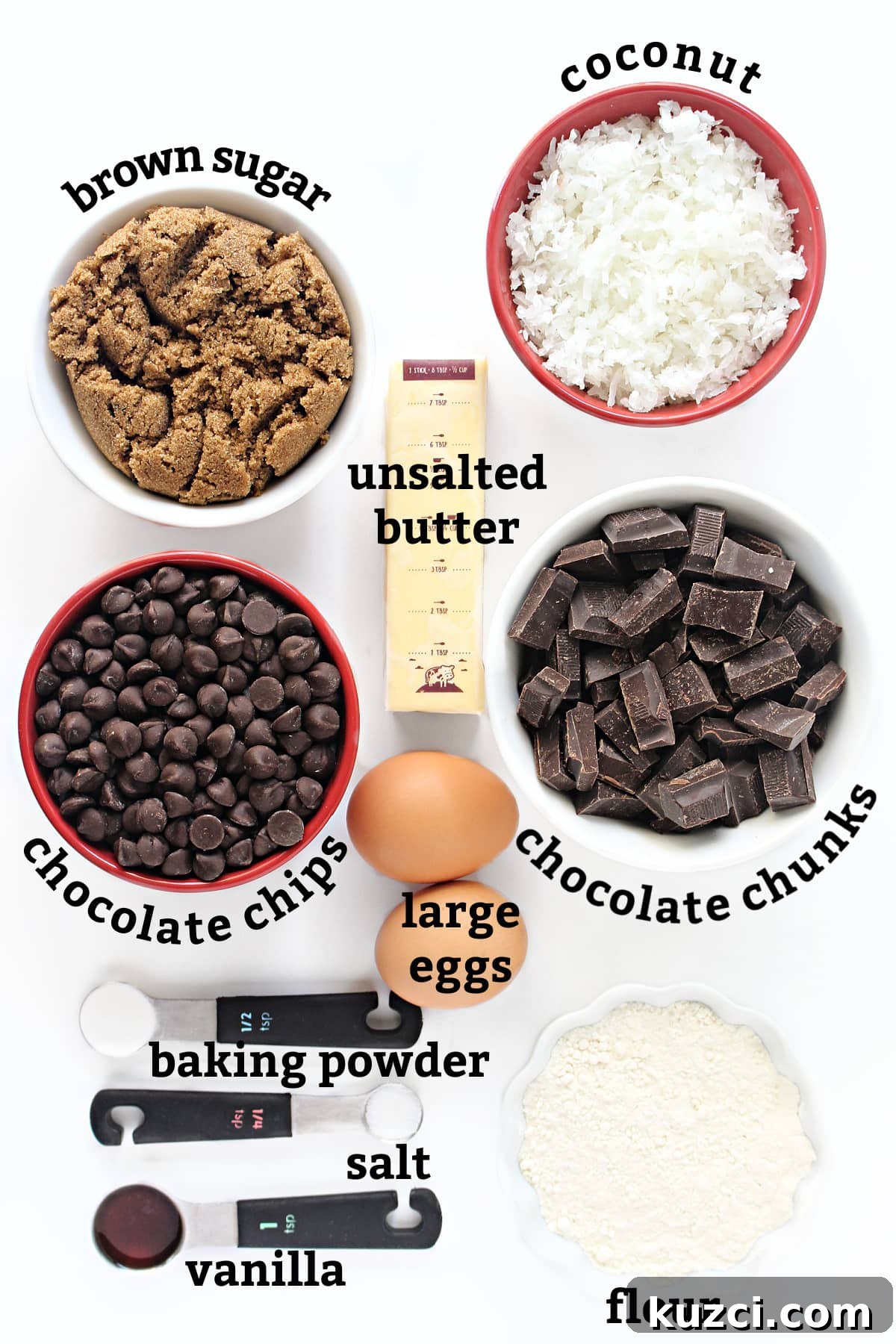 Chocolate Coconut Cookies Recipe 2 Ingredients: brown sugar, coconut, butter, chocolate chips, chocolate chunks, eggs vanilla, salt, baking powder, flour.