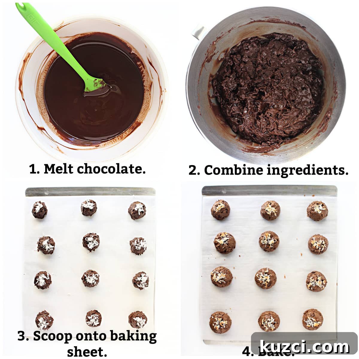 Chocolate Coconut Cookies Recipe 3 Instructions: melt chocolate, combine ingredients, scoop onto baking sheet, bake.