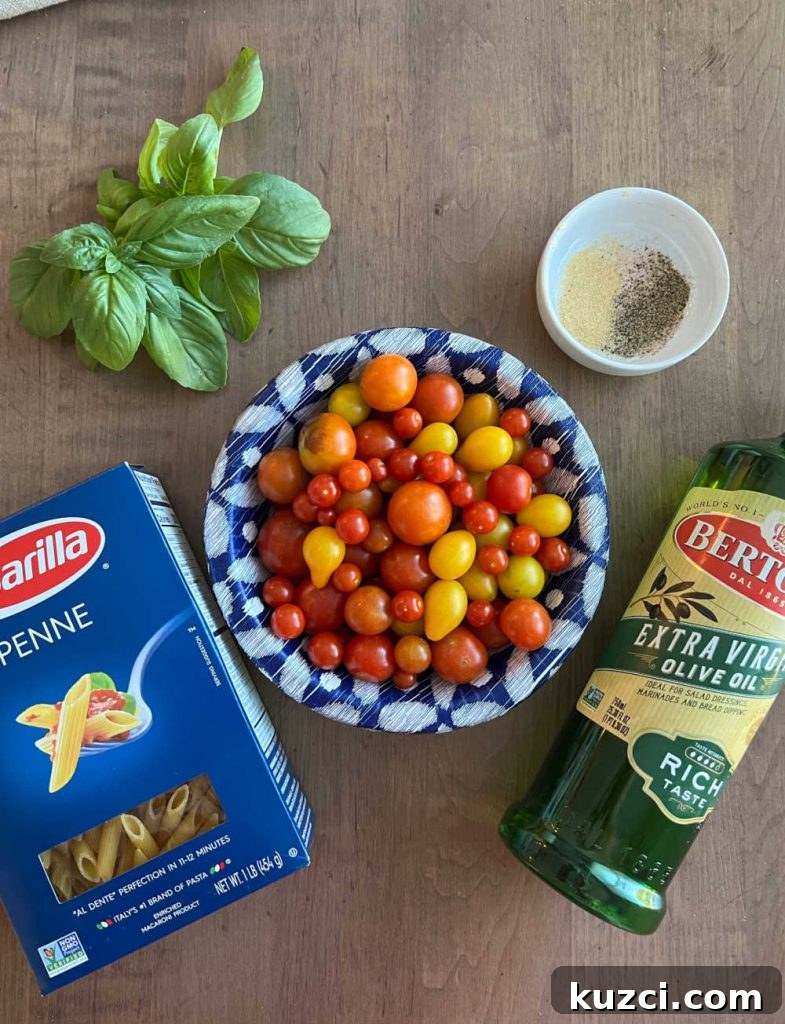 Grape Tomato Pasta Recipe with Garlic and Fresh Basil 3 fresh basil, penne pasta, grape tomatoes, seasonings and olive oil