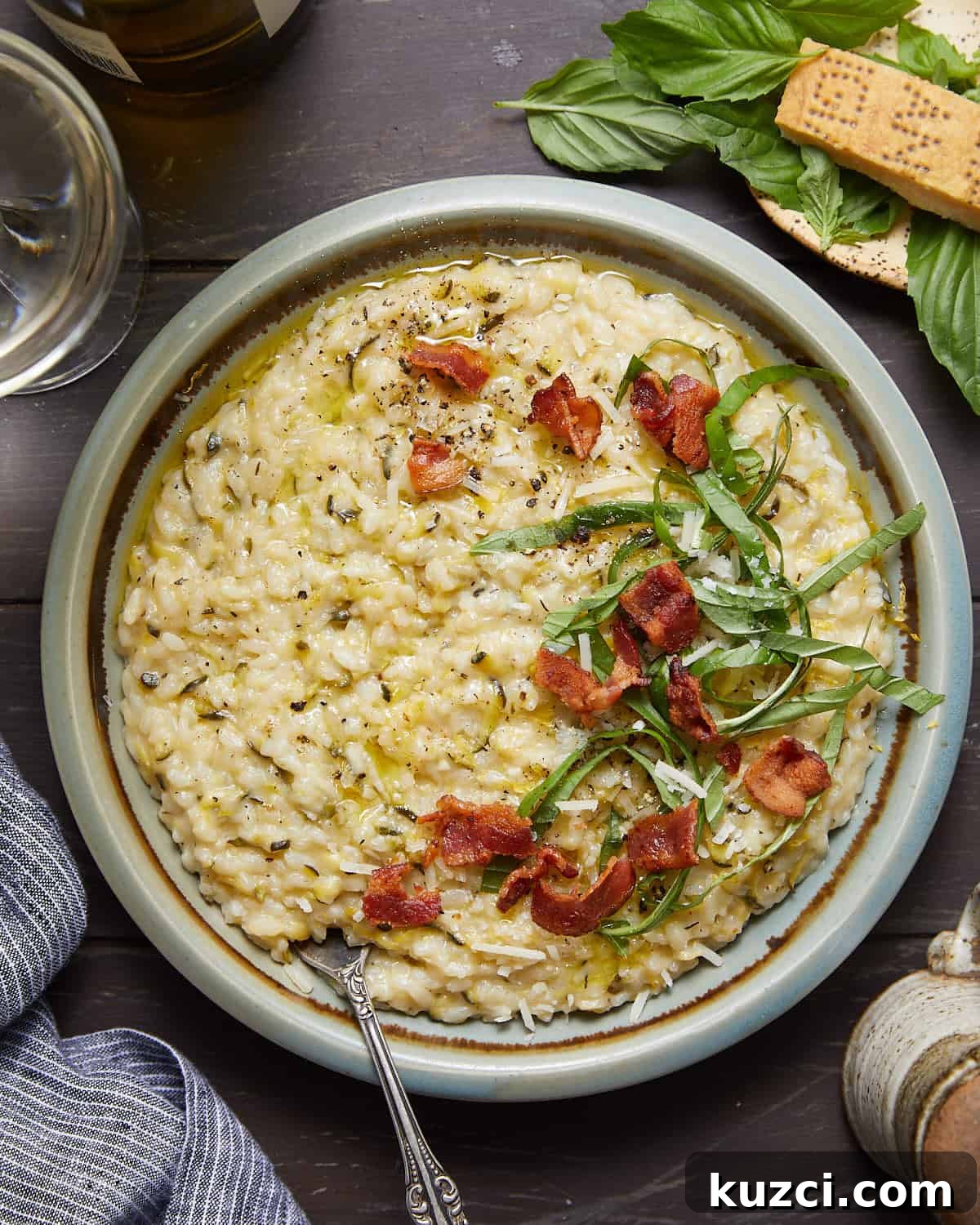 Zucchini Risotto Recipe: Creamy Stovetop Method 2 Overhead image of zucchini risotto with garnish.