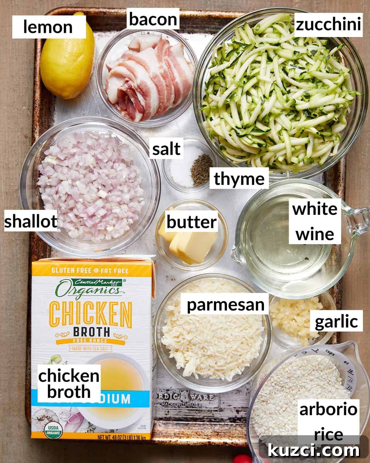 Zucchini Risotto Recipe: Creamy Stovetop Method 3 Overhead image of ingredients needed for zucchini risotto.