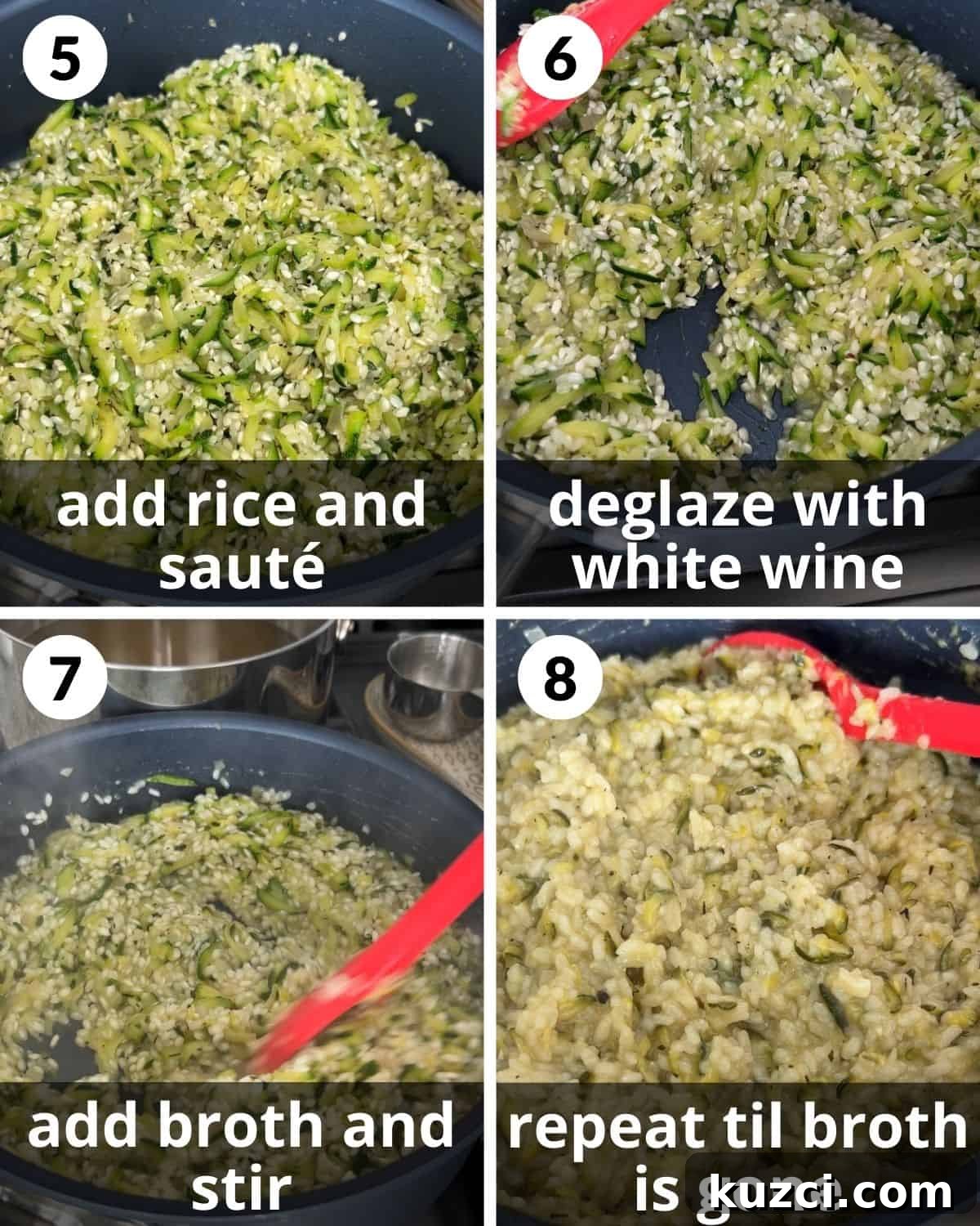 Zucchini Risotto Recipe: Creamy Stovetop Method 5 A 4 photo collage showing further assembly of zucchini risotto.