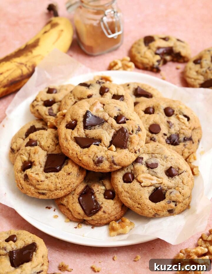 chocolate chip banana bread cookies on a plate