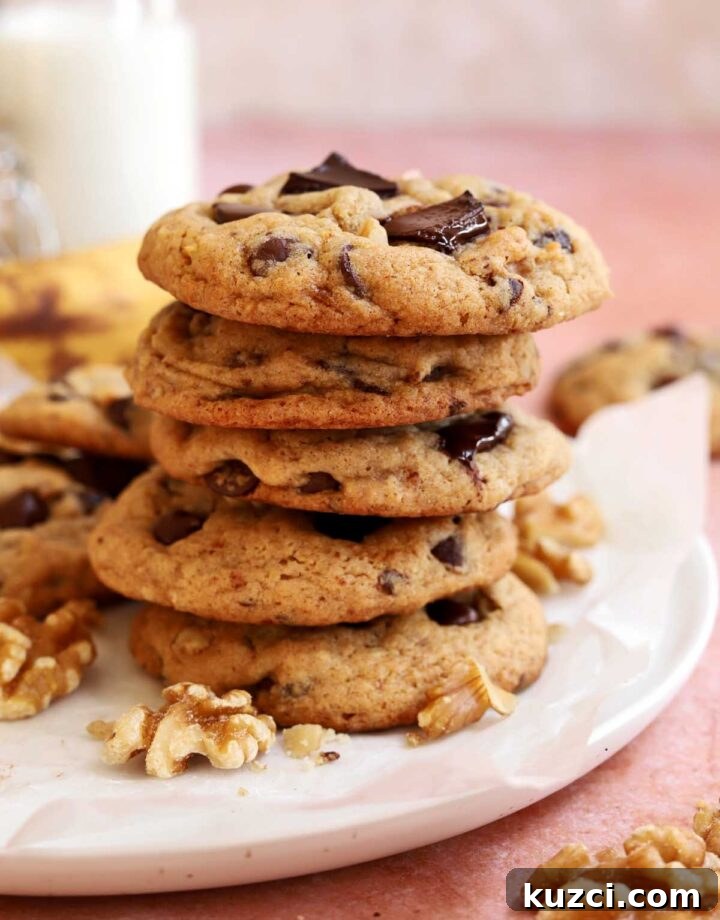 chocolate chip banana bread cookies stacked