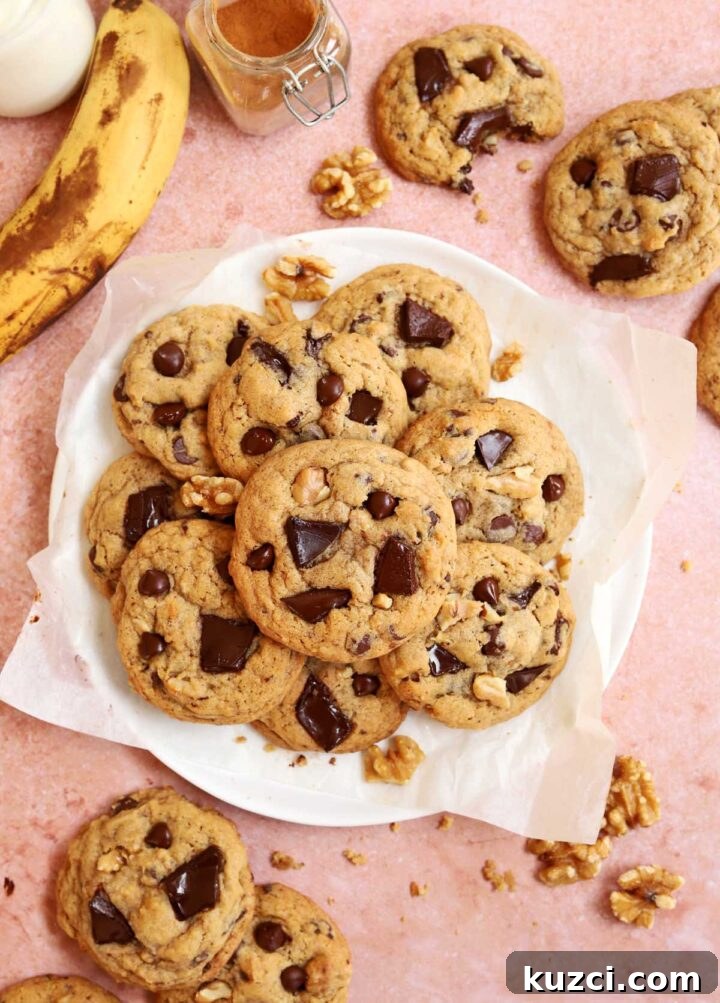 chocolate chip banana bread cookies on a plate