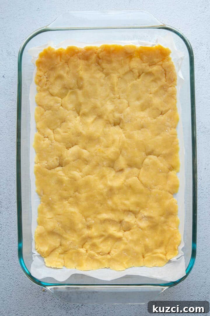 cake mix mixture pressed into a glass dish.