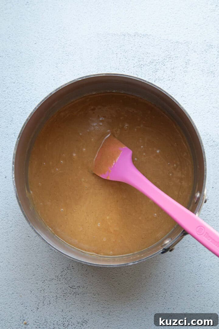 peanut butter mixture in a saucepan.
