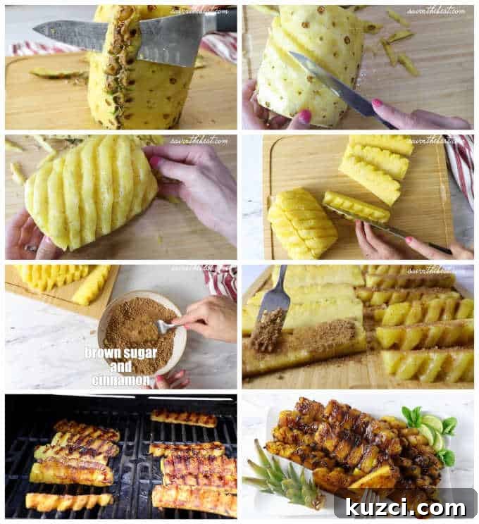 Cinnamon Sugar Grilled Pineapple Recipe 4 Collage showing process steps for grilling pineapple.