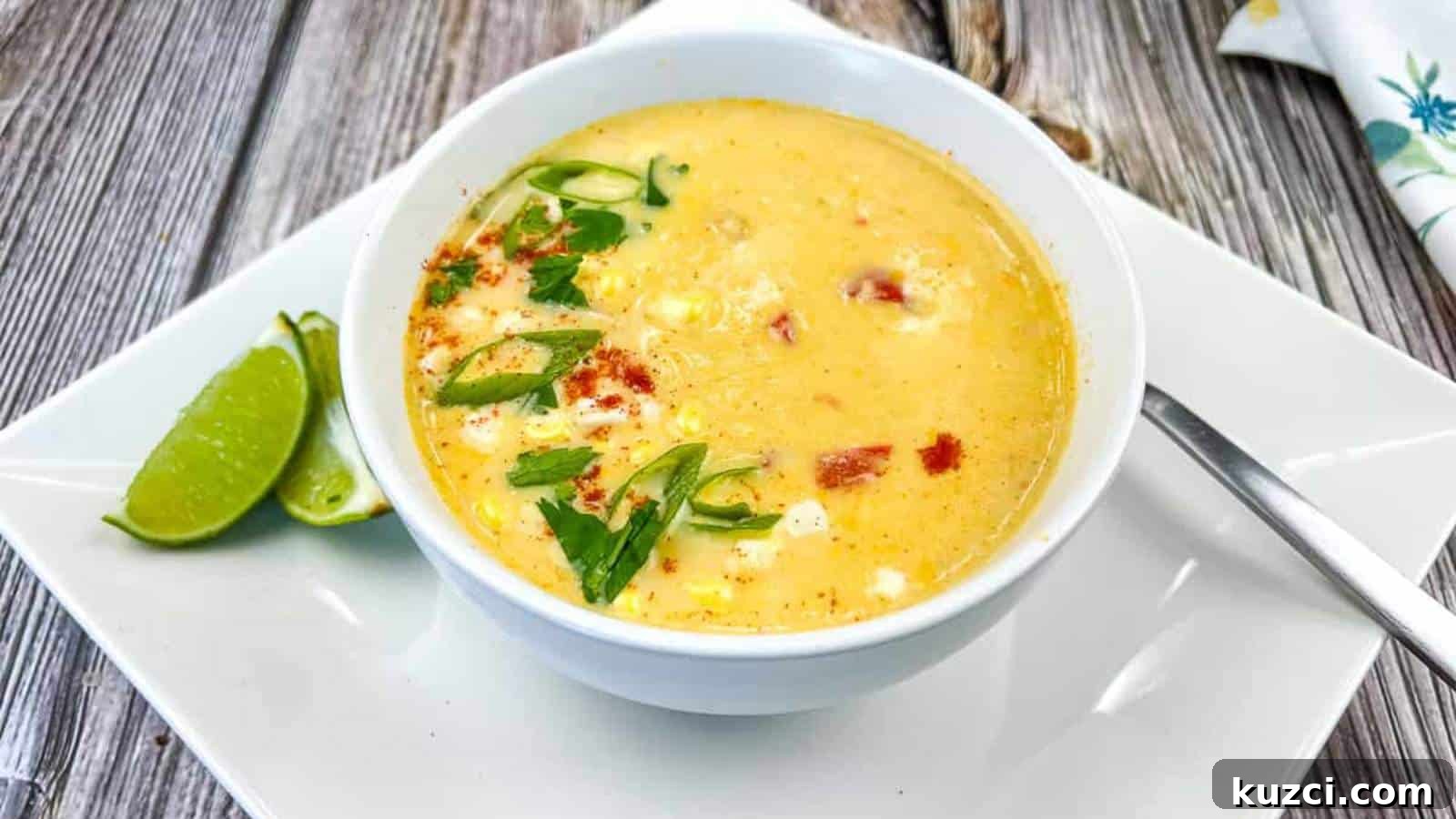 33 Fall Dinner Recipes Packed With Comfort Food Favorites 30 Mexican street style corn soup in a white bowl on a white plate.