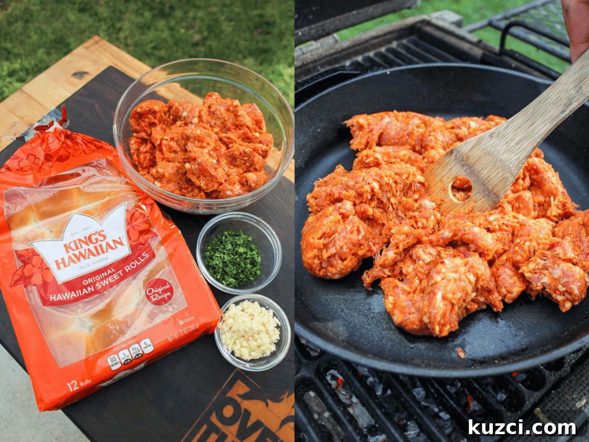 Italian Sliders with Hawaiian Rolls 4 Italian slider ingredients and spicy sausage cooking in a skillet.