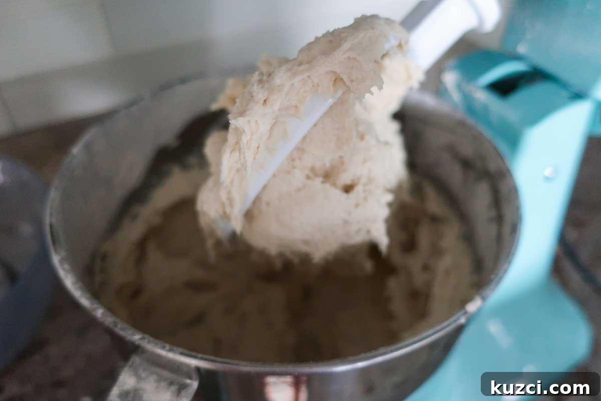 portuguese bread dough on a flat paddle of the mixer