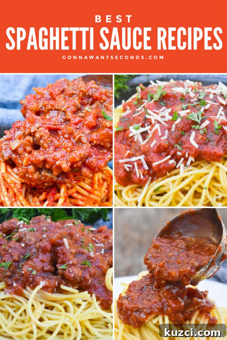 This handy list of robust no-fail spaghetti sauce recipes saves time and makes it easy for you to tour the delicious flavors of Italy with the fam! #SpaghettiSauce #SauceRecipes #Spaghetti #PastaSauce spaghetti sauce recipes collage