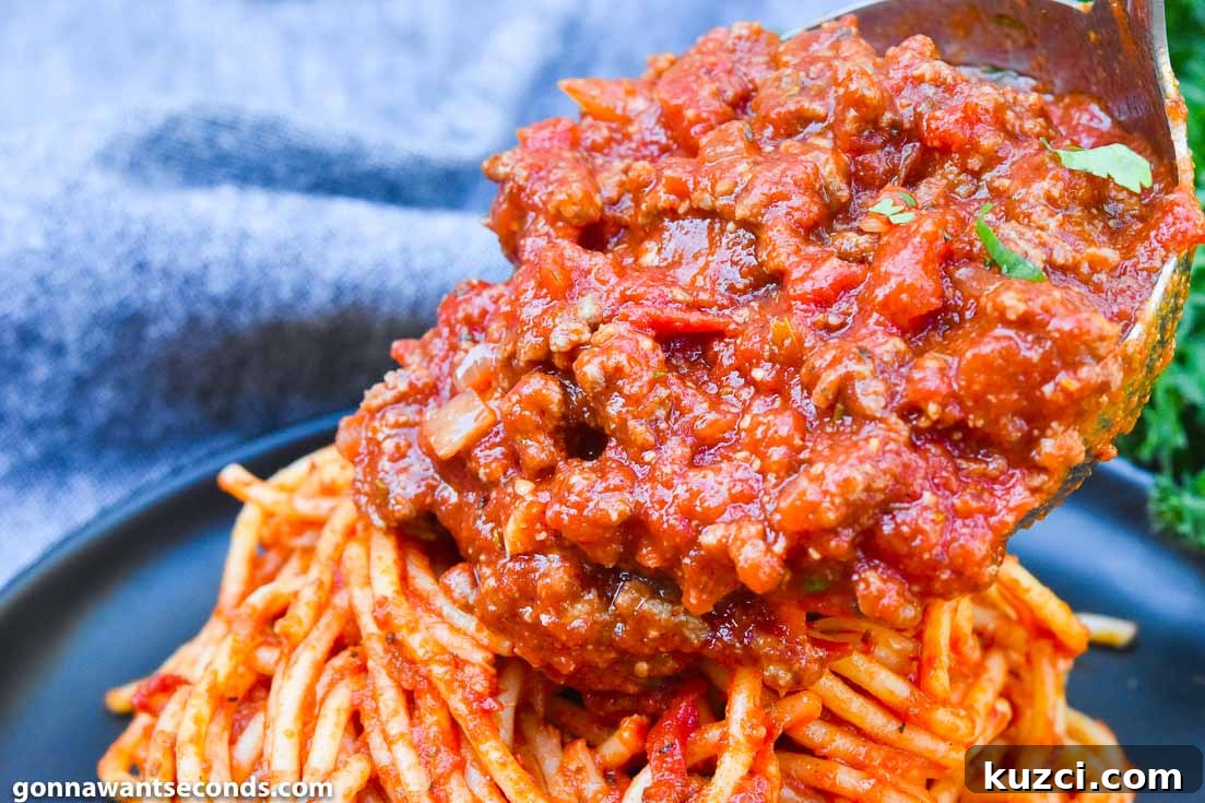 This handy list of robust no-fail spaghetti sauce recipes saves time and makes it easy for you to tour the delicious flavors of Italy with the fam! #SpaghettiSauce #SauceRecipes #Spaghetti #PastaSauce Spaghetti Sauce poured over spaghetti pasta