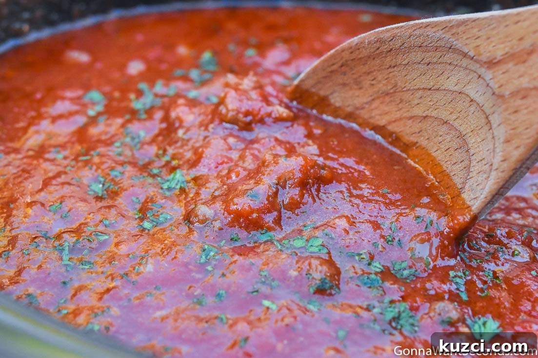 This handy list of robust no-fail spaghetti sauce recipes saves time and makes it easy for you to tour the delicious flavors of Italy with the fam! #SpaghettiSauce #SauceRecipes #Spaghetti #PastaSauce Scooping crockpot spaghetti sauce with a wooden ladle
