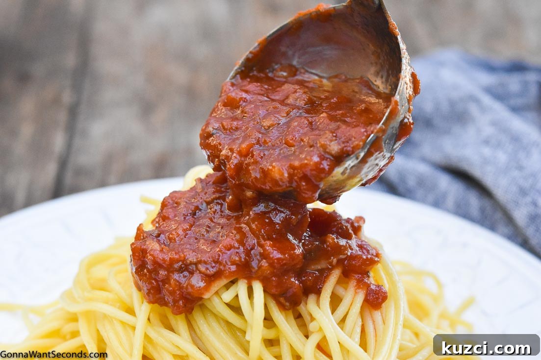 This handy list of robust no-fail spaghetti sauce recipes saves time and makes it easy for you to tour the delicious flavors of Italy with the fam! #SpaghettiSauce #SauceRecipes #Spaghetti #PastaSauce Ladle pouring Italian spaghetti sauce over spaghetti pasta