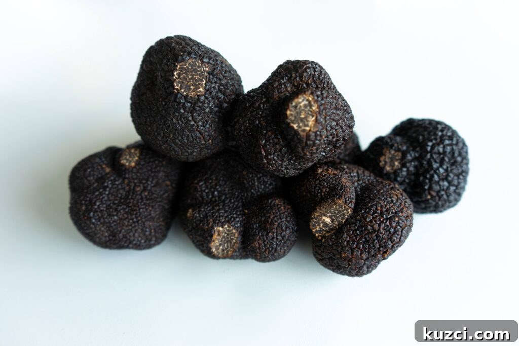 Trader Joe's Copycat Black Truffle Cashew Pesto Recipe 3 An image of black truffles stacked up on a plain white backdrop.
