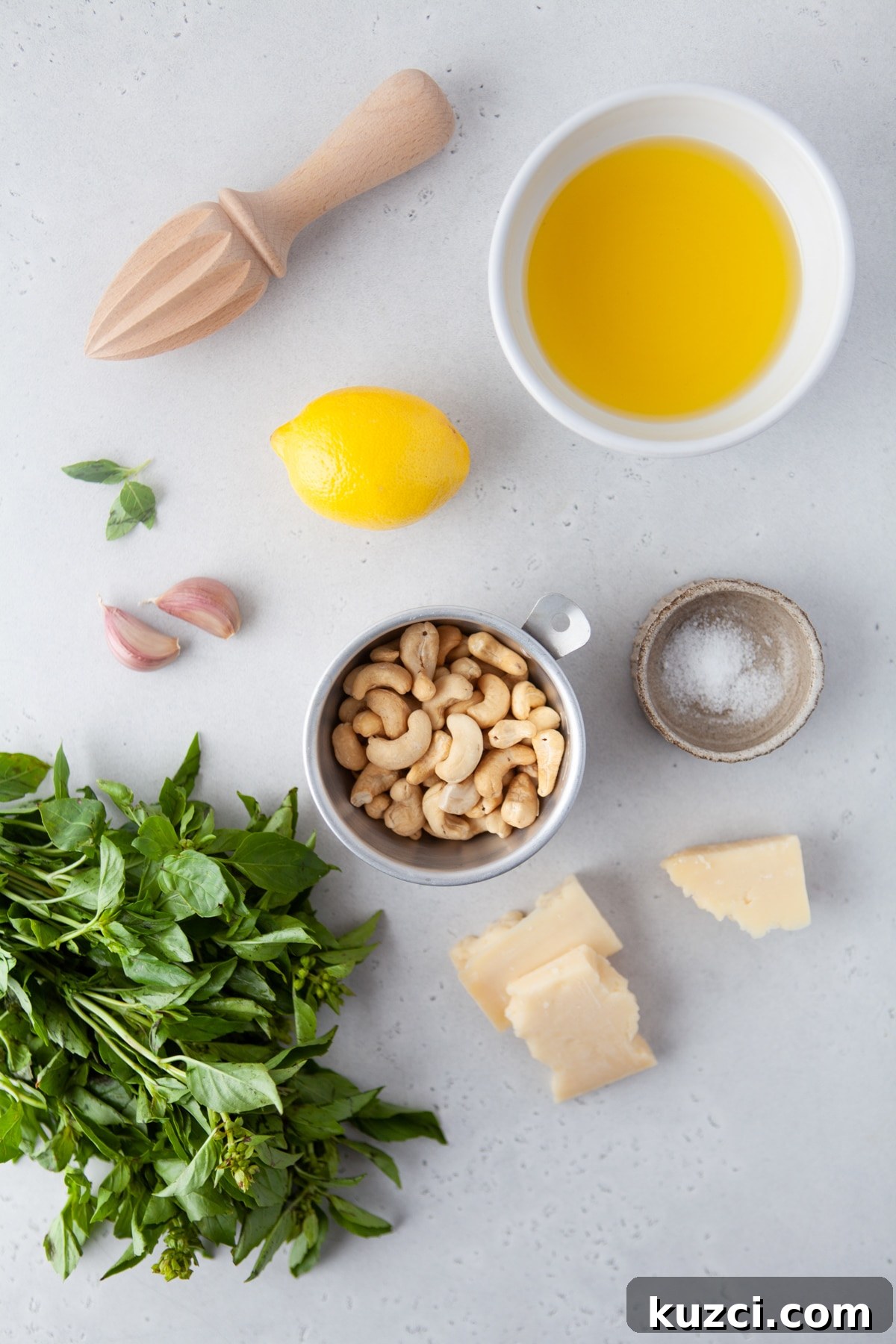 Trader Joe's Copycat Black Truffle Cashew Pesto Recipe 4 Image of ingredients needed to make cashew pesto sauce.