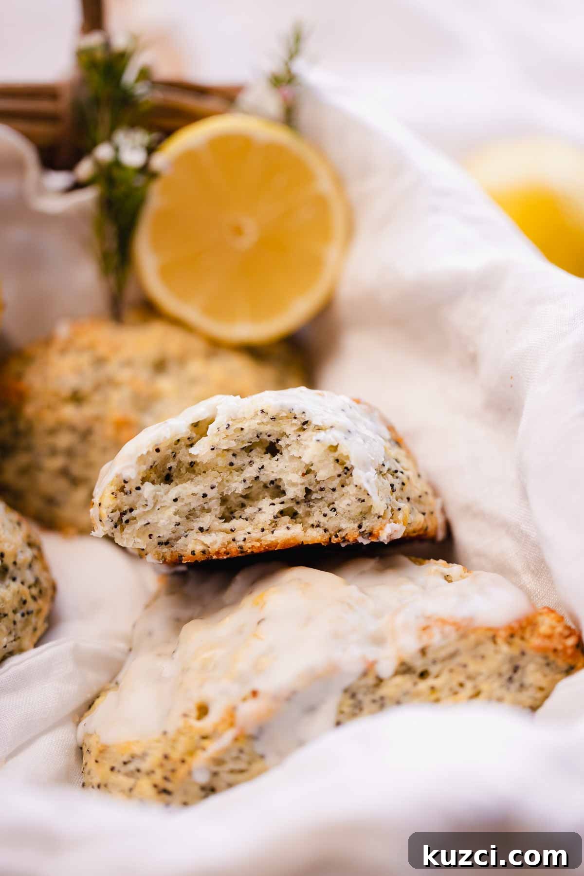 Lemon Poppy Seed Scones with Zesty Glaze 3 baked lemon poppy seed scone fluffy texture inside