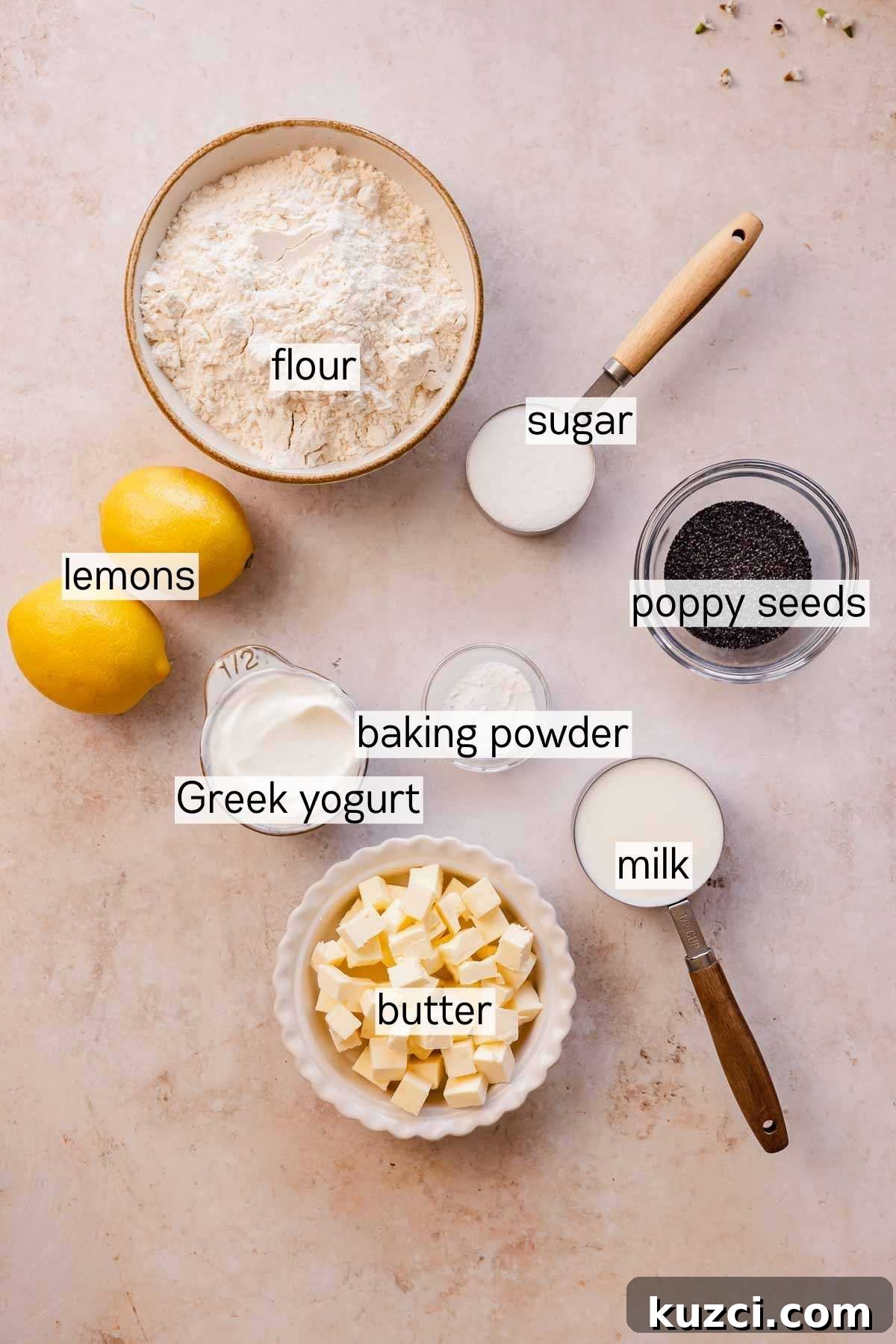 Lemon Poppy Seed Scones with Zesty Glaze 4 lemon poppy seed scone ingredients in bowls