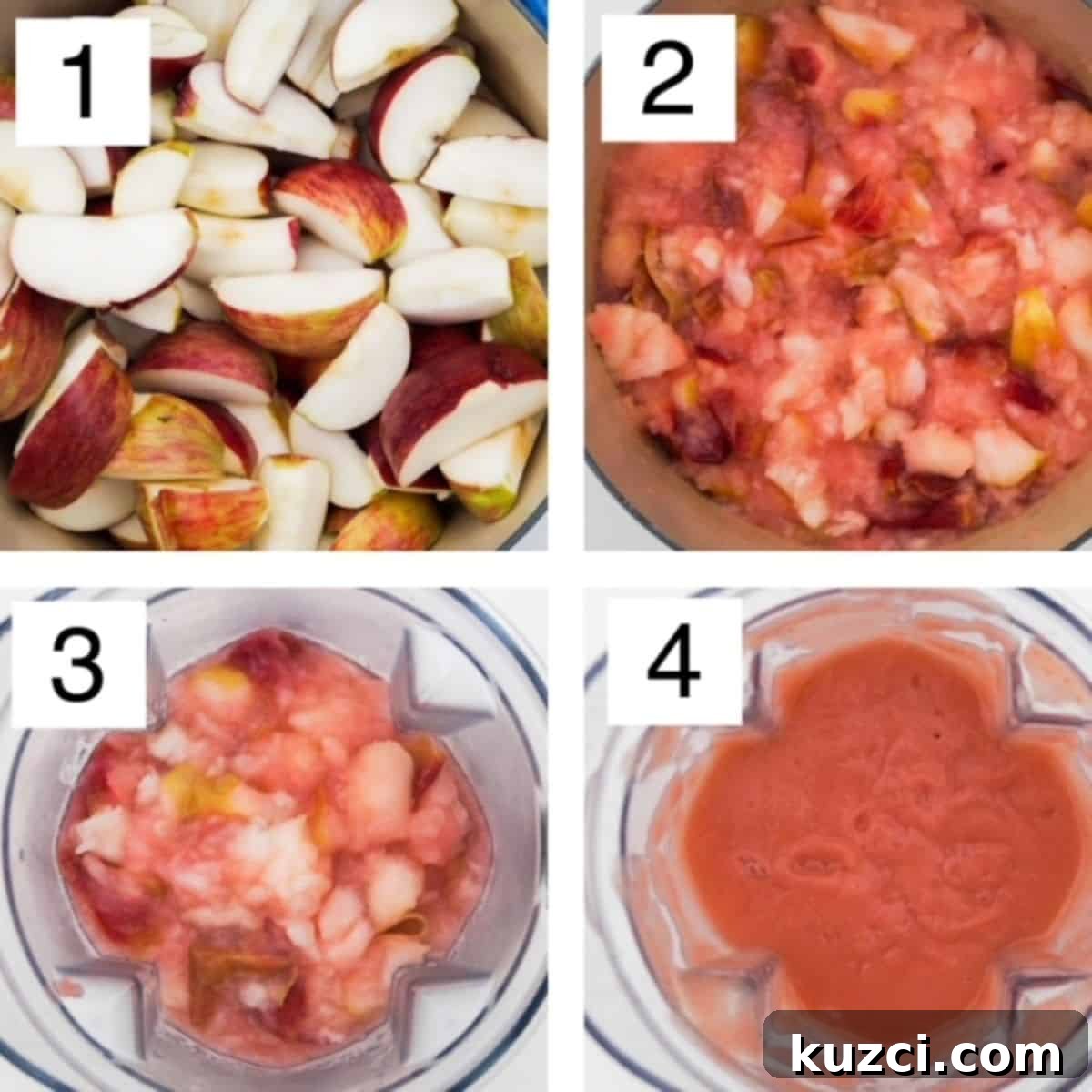 How to Make Unsweetened Applesauce from Scratch 4 Four step by step images in a collage: sliced apples, cooked apples in a Dutch oven, cooked apples in a Vitamix blender, and pink applesauce in a Vitamix blender.