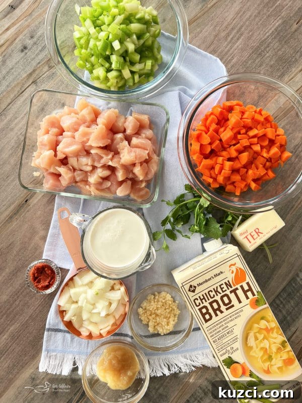Thai Chicken Noodle Soup ingredients chicken, celery, carrots, chicken broth, garlic, ginger, cream, onions, and curry paste ingredients