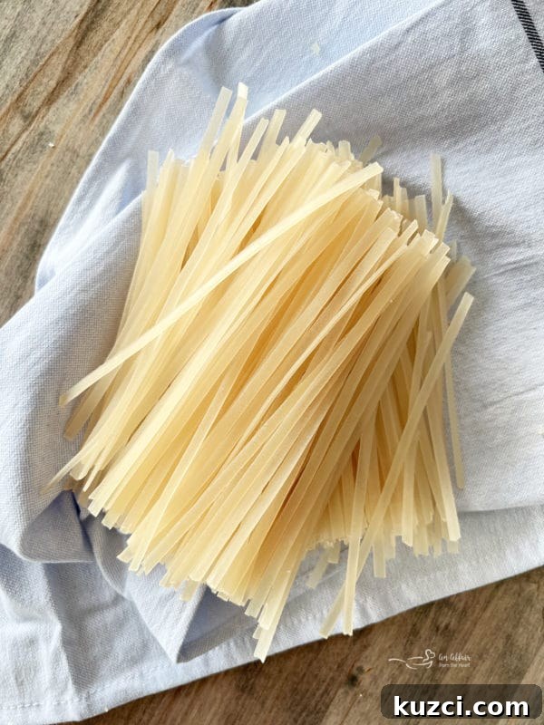 Rice noodles for Thai chicken noodle soup rice noodles on towel
