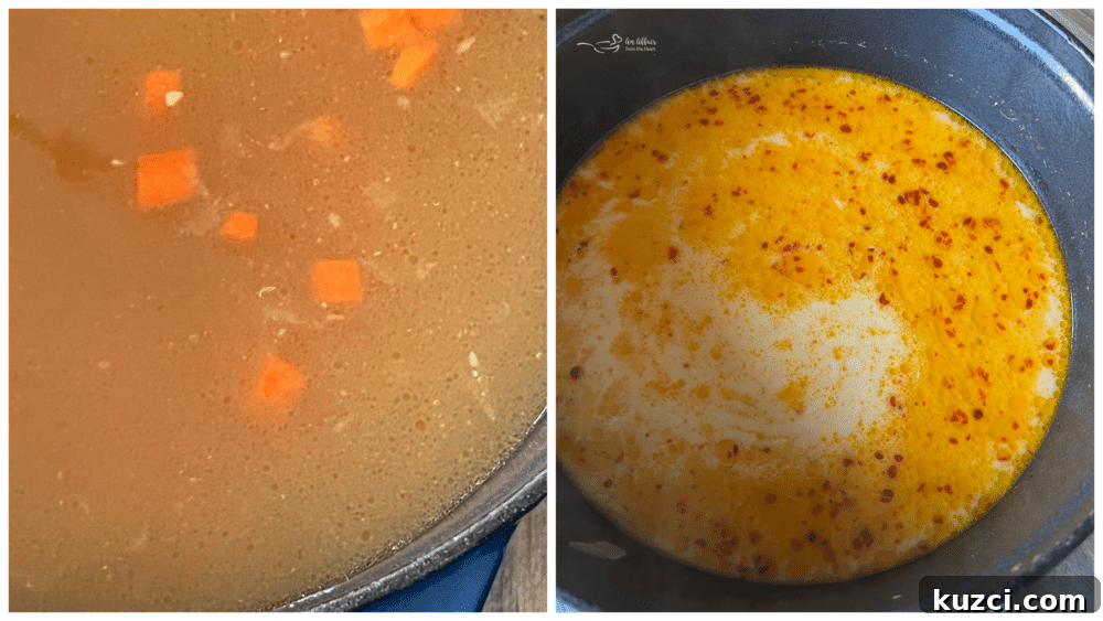 Thai chicken noodle soup broth broth and cream in saucepan with red pepper flakes and ginger