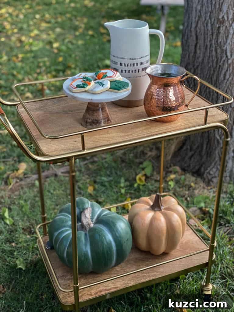 Apple Cider Chicken Marinade and Fall Harvest Dinner Party Bar cart with cookies, pumpkins and pitchers