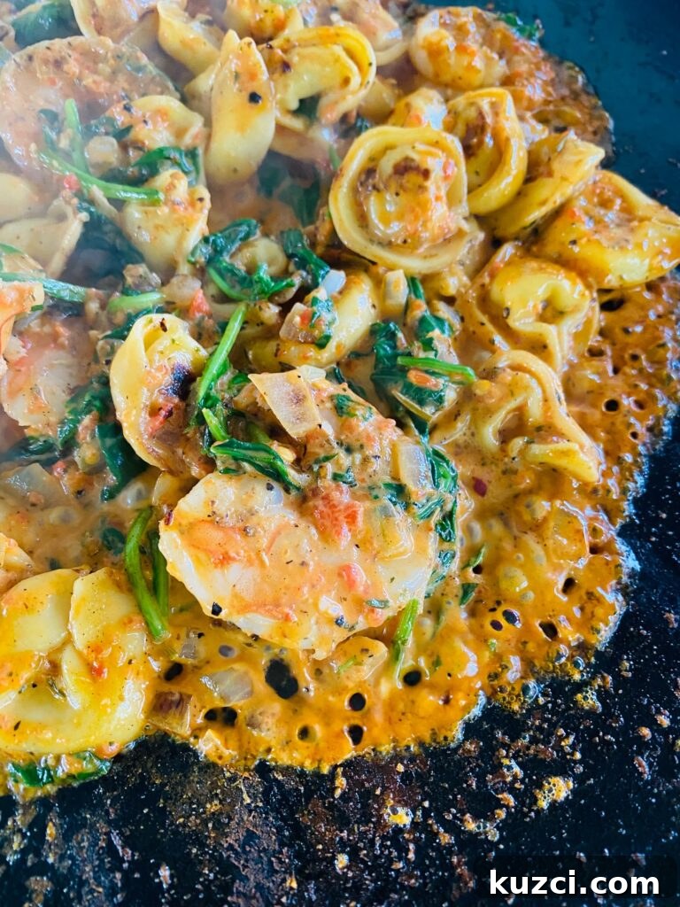 Blackstone Shrimp Tortellini with Red Pepper Sauce 9 Blackstone Red Pepper Shrimp Tortellini before sauce thickens